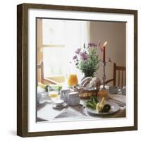 Laid Breakfast Table with Baked Goods, Juice and Fruit-null-Framed Photographic Print