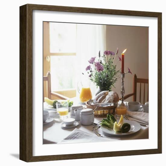 Laid Breakfast Table with Baked Goods, Juice and Fruit-null-Framed Photographic Print