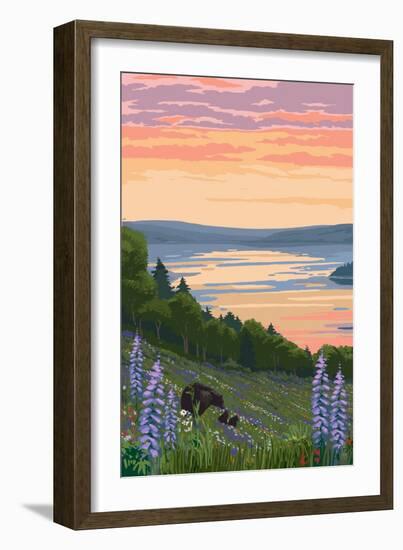 Lake and Bear Family-Lantern Press-Framed Art Print