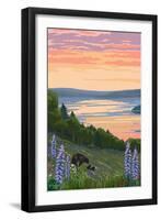 Lake and Bear Family-Lantern Press-Framed Art Print