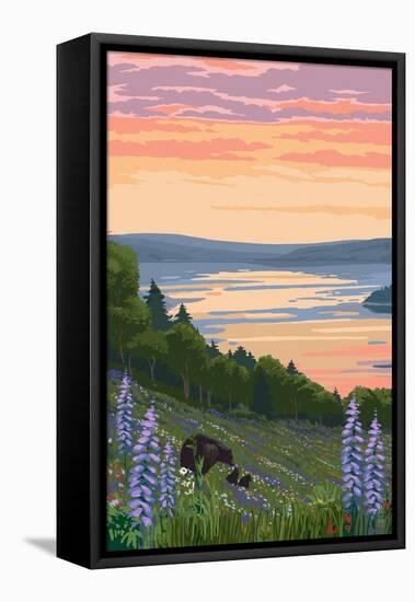 Lake and Bear Family-Lantern Press-Framed Stretched Canvas