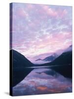 Lake and misty mountains at sunset, Allgau, Germany-Herbert Kehrer-Stretched Canvas