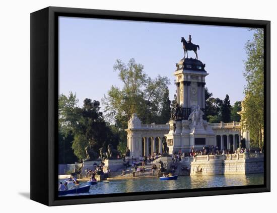 Lake and Monument at Park, Parque Del Buen Retiro (Parque Del Retiro), Retiro, Madrid, Spain-Richard Nebesky-Framed Stretched Canvas