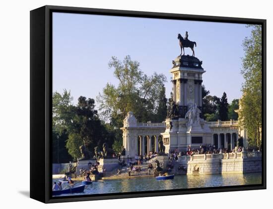 Lake and Monument at Park, Parque Del Buen Retiro (Parque Del Retiro), Retiro, Madrid, Spain-Richard Nebesky-Framed Stretched Canvas