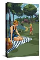 Lake and Picnic Scene-Lantern Press-Stretched Canvas