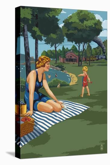 Lake and Picnic Scene-Lantern Press-Stretched Canvas