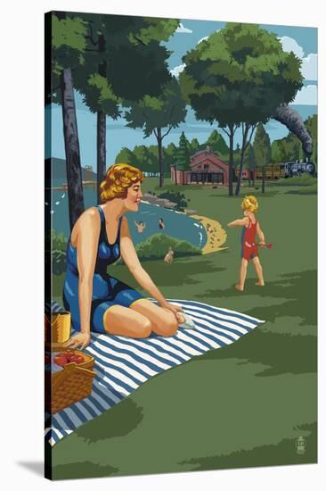 Lake and Picnic Scene-Lantern Press-Stretched Canvas