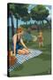 Lake and Picnic Scene-Lantern Press-Stretched Canvas