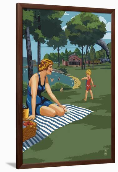 Lake and Picnic Scene-Lantern Press-Framed Art Print