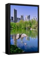 Lake and two ducks in Central Park in Spring with skyline in background, New York City, New York-null-Framed Stretched Canvas