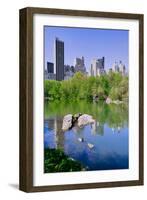 Lake and two ducks in Central Park in Spring with skyline in background, New York City, New York-null-Framed Photographic Print