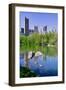 Lake and two ducks in Central Park in Spring with skyline in background, New York City, New York-null-Framed Photographic Print