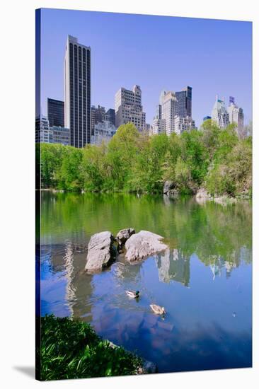 Lake and two ducks in Central Park in Spring with skyline in background, New York City, New York-null-Stretched Canvas