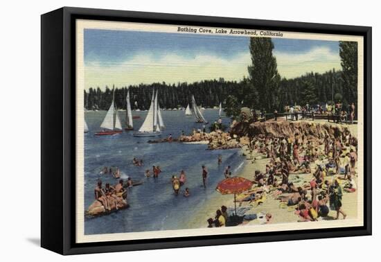 Lake Arrowhead, California - Swimmers on Bathing Cove Beach-Lantern Press-Framed Stretched Canvas