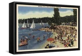 Lake Arrowhead, California - Swimmers on Bathing Cove Beach-Lantern Press-Framed Stretched Canvas