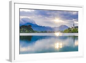 Lake Bled at Sunrise with the Church on Lake Bled Island and Bled Castle-Matthew Williams-Ellis-Framed Photographic Print