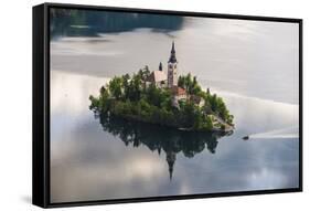 Lake Bled Boat (Pletna) Approaching Lake Bled Island at Sunrise, Gorenjska, Slovenia, Europe-Matthew Williams-Ellis-Framed Stretched Canvas