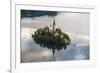 Lake Bled Boat (Pletna) Approaching Lake Bled Island at Sunrise, Gorenjska, Slovenia, Europe-Matthew Williams-Ellis-Framed Photographic Print