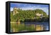 Lake Bled, Castle rises on cliffs above Lake Bled, Slovenia-Miva Stock-Framed Stretched Canvas