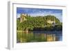 Lake Bled, Castle rises on cliffs above Lake Bled, Slovenia-Miva Stock-Framed Photographic Print