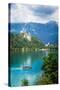 Lake Bled, Upper Carniola, Slovenia. Bled Castle seen across the lake. The town of Bled in the b...-null-Stretched Canvas