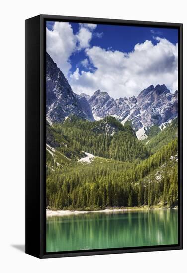 Lake Braies and Dolomite Alps, Northern Italy-null-Framed Stretched Canvas