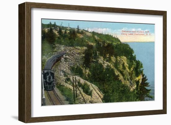 Lake Champlain, New York - Delaware and Hudson River Train Along Lake-Lantern Press-Framed Art Print