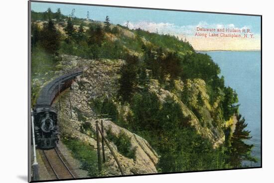 Lake Champlain, New York - Delaware and Hudson River Train Along Lake-Lantern Press-Mounted Art Print