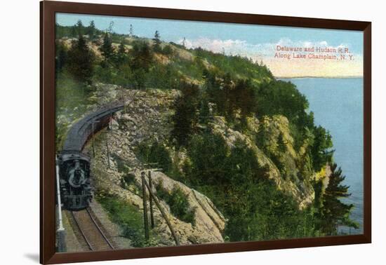 Lake Champlain, New York - Delaware and Hudson River Train Along Lake-Lantern Press-Framed Art Print