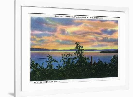 Lake Champlain, New York - Sunset over the Lake, Adirondack Mts in Distance-Lantern Press-Framed Premium Giclee Print