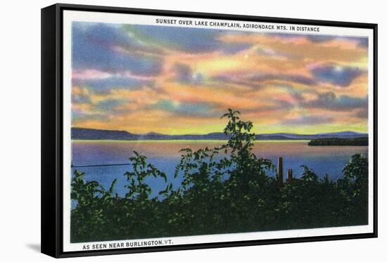 Lake Champlain, New York - Sunset over the Lake, Adirondack Mts in Distance-Lantern Press-Framed Stretched Canvas