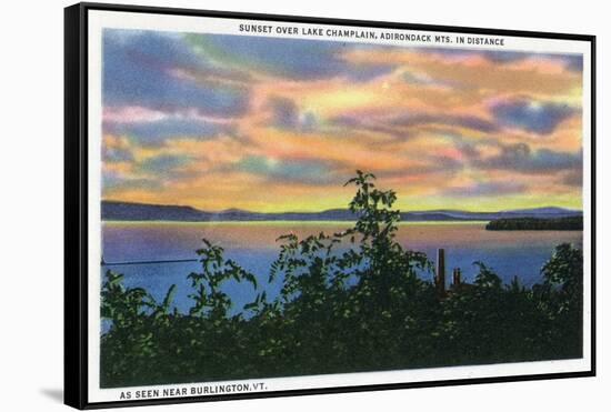 Lake Champlain, New York - Sunset over the Lake, Adirondack Mts in Distance-Lantern Press-Framed Stretched Canvas