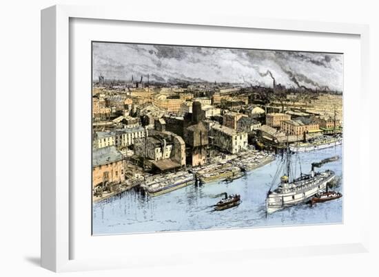 Lake Erie Freighters and Erie Canal Barges Along the Waterfront of Buffalo, New York, 1880s-null-Framed Giclee Print