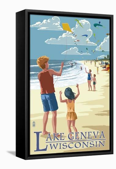 Lake Geneva, Wisconsin - Kite Flyers-Lantern Press-Framed Stretched Canvas