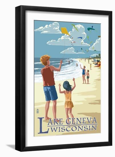 Lake Geneva, Wisconsin - Kite Flyers-Lantern Press-Framed Art Print