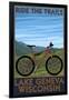 Lake Geneva, Wisconsin - Mountain Bike Scene - Ride the Trails-Lantern Press-Framed Art Print