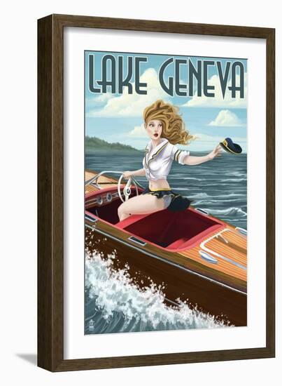 Lake Geneva, Wisconsin - Pinup Girl Boating-Lantern Press-Framed Art Print