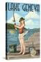 Lake Geneva, Wisconsin - Pinup Girl Fishing-Lantern Press-Stretched Canvas