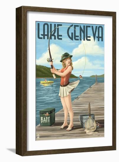 Lake Geneva, Wisconsin - Pinup Girl Fishing-Lantern Press-Framed Art Print