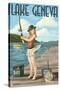 Lake Geneva, Wisconsin - Pinup Girl Fishing-Lantern Press-Stretched Canvas