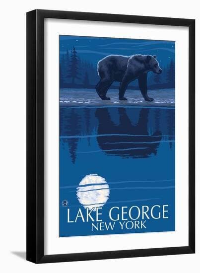 Lake George, New York - Bear at Night-Lantern Press-Framed Art Print