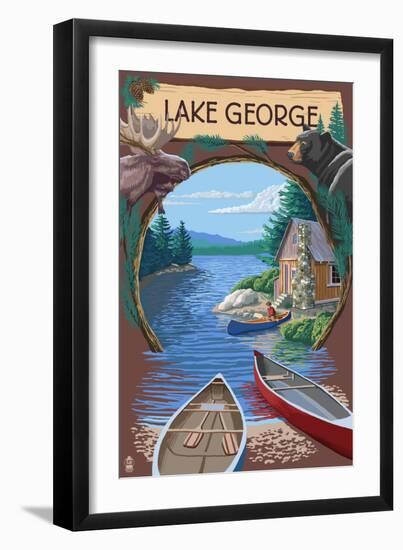 Lake George, New York - Canoe Scene-Lantern Press-Framed Art Print