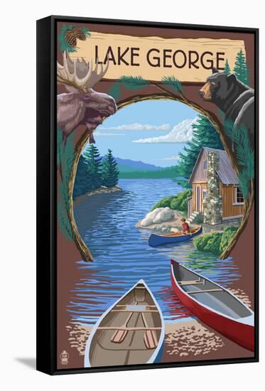 Lake George, New York - Canoe Scene-Lantern Press-Framed Stretched Canvas