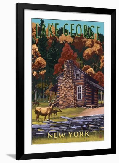 Lake George, New York - Deer Family and Cabin-Lantern Press-Framed Art Print