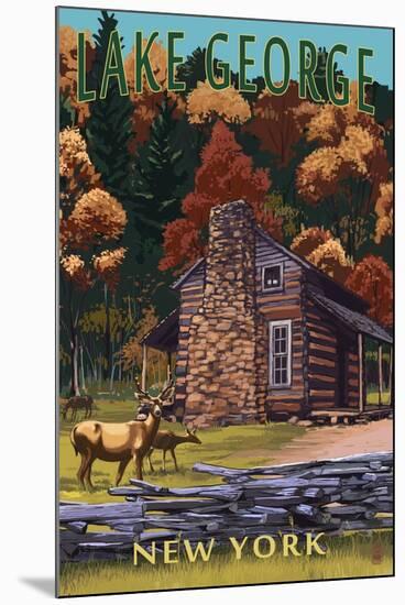 Lake George, New York - Deer Family and Cabin-Lantern Press-Mounted Art Print