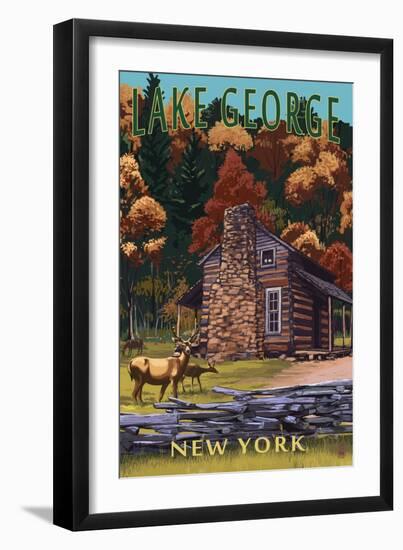 Lake George, New York - Deer Family and Cabin-Lantern Press-Framed Art Print