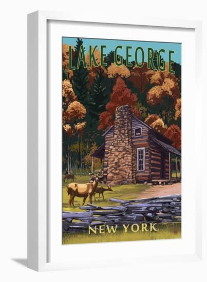 Lake George, New York - Deer Family and Cabin-Lantern Press-Framed Art Print