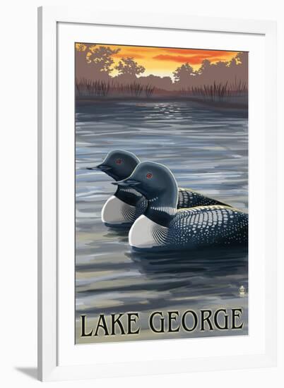 Lake George, New York - Loons at Sunset-Lantern Press-Framed Art Print