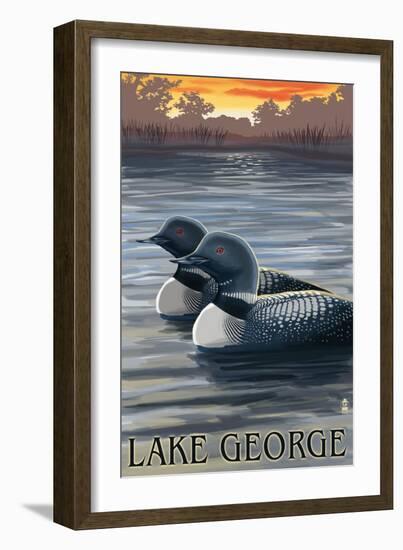 Lake George, New York - Loons at Sunset-Lantern Press-Framed Art Print