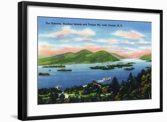 Lake George, New York - Narrows, Hundred Islands, Tongue Mountain View-Lantern Press-Framed Art Print